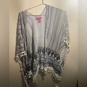 Women’s Demanding poncho cover-up with fringe blue and brown one size fits all